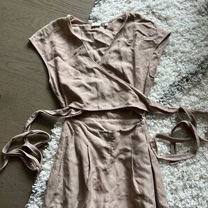 Aritzia Wilfred Brax Linen Jumpsuit Beige Wide Leg Wrap Detail